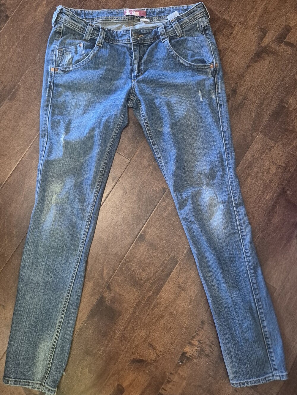 Vintage H&M &SQIN Low Waist Slim Leg Jeans Medium Wash Distressed Blue Denim